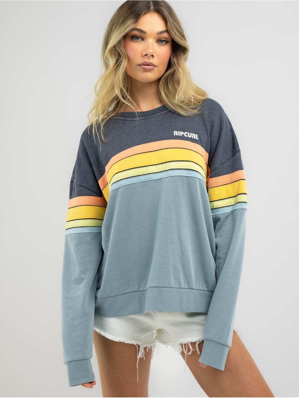 Rip Curl Navy and Dusty Blue Stripe Crew Sweatshirt